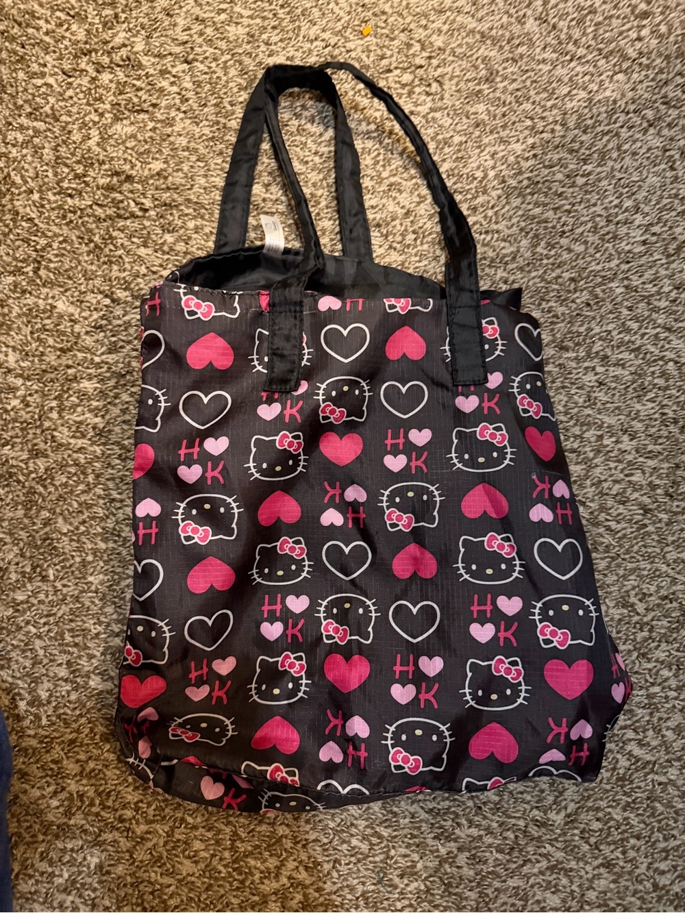 Hello Kitty Black Tote with Pink and White Heart Print